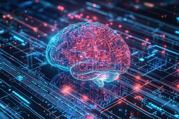 Fototapeta premium Digital representation of a brain overlaid on a circuit board.