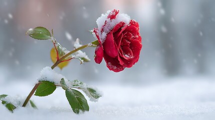 A lone red rose covered in snow during a winter snowfall