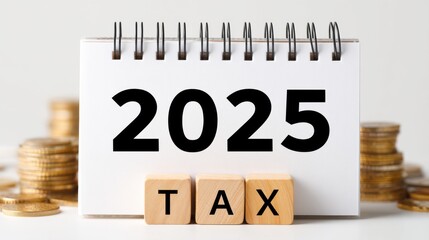 Online tax service. Tax calendar for 2025 with coins, symbolizing financial planning and obligations.