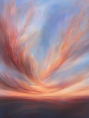 Fototapeta premium A beautiful sunset featuring wispy clouds painted with shades of orange pink and blue over a dark horizon