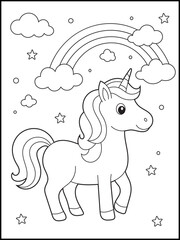 Unicorn Coloring Page for Kids. Simple Black and White Art for Creative Fun at Home or School
