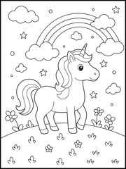 Unicorn and Rainbow Coloring Page for kids. Adorable Scene for Kids to Color, Imagine, and Enjoy Quiet Time