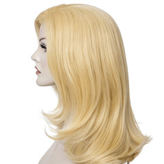 Naklejka premium Blonde wig displayed on a mannequin against a white background for clear visibility and isolation