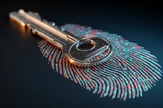 Digital fingerprint scanner replaces traditional key in art. Decreasing cyber incidents. Advanced security protocols lower cyber risks for businesses. Enhanced digital safety. - Powered by Adobe
