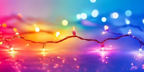 Close up of a string of fairy lights with a colorful gradient background and bokeh effect lights