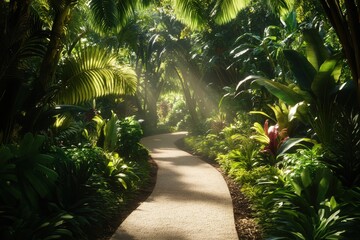 Obraz premium Sunlit pathway winding through a lush tropical garden.