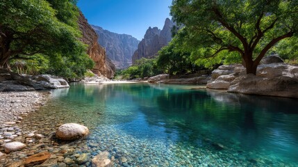 The emerald green wadi in the mountains of Taif, Saudi Arabia is flanked by towering cliffs and lush vegetation on both sides