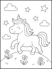 Unicorn with Stars and clouds Coloring Page for kids. Whimsical Scene for Children to Explore Art through Coloring Activities