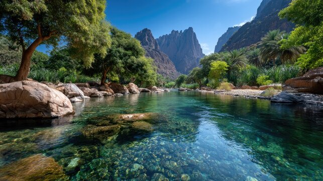 The emerald green wadi in the mountains of Taif, Saudi Arabia is flanked by towering cliffs and lush vegetation on both sides
