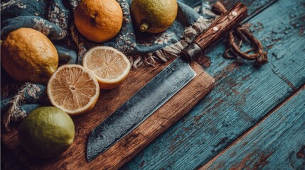 Lemons Limes and Knife on Rustic Wooden Board