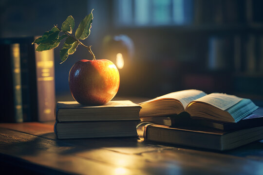 A red apple with a sprig sits atop a stack of books near an open book on a wooden table in dim light