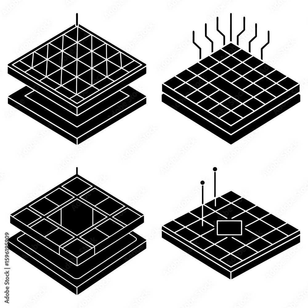 Poster isometric diagrams of layered platforms with grid patterns and electronic components in black and wh