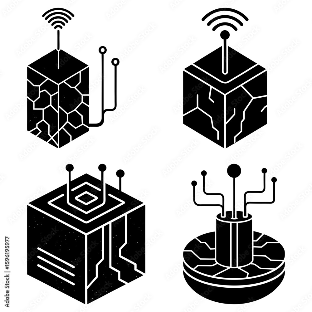 Poster four abstract cubes with antenna and circuit patterns representing technology and connectivity conce