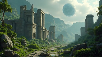 Abandoned ancient cityscape with ruins and mysterious planet