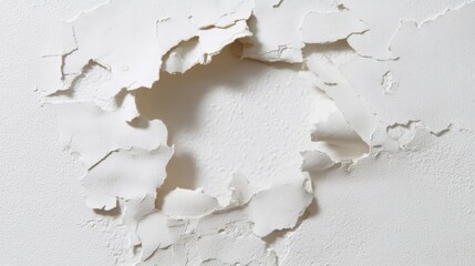 Close-up of a white wall with a large hole in the center. the hole appears to be made of peeling paint and is jagged and uneven.