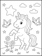 Adorable Unicorn Coloring Page. Kid-Friendly Fantasy Animal Illustration for Relaxing and Educational Activities