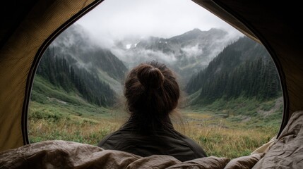 Person sitting inside a tent, looking out at a beautiful landscape. the person is wearing a black jacket and has their back to the camera, with their hair tied up in a bun.