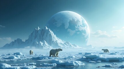 Polar bears on Arctic ice with moonlit mountain landscape