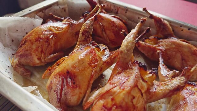 Roasted quails in baking pan, golden brown birds fresh from oven 