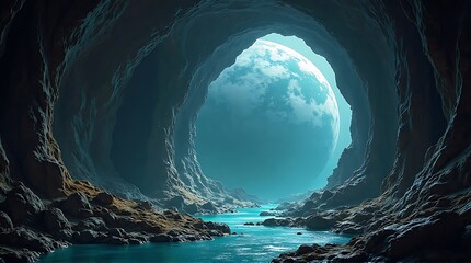 Mysterious cave tunnel with a glowing blue exit