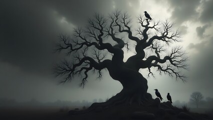 Crows on a Barren Tree in a Misty Mountain Landscape
