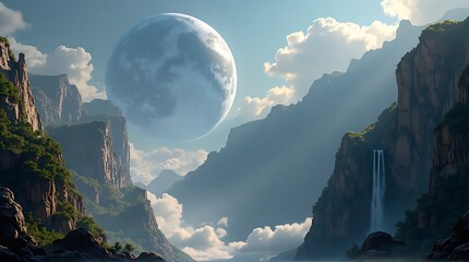 Fantasy mountain landscape with large moon and waterfall