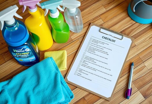 Close-up of a checklist on a clipboard, next to cleaning supplies on a hardwood floor,   house,  checklist template
