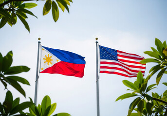 the flag of the United States and the flag of the Philippines are displayed on high poles