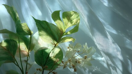 Green Leaves and White Flowers on Sheer White Fabric