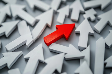 A single red arrow stands out among many gray arrows upward pointing suggesting a unique path or different direction