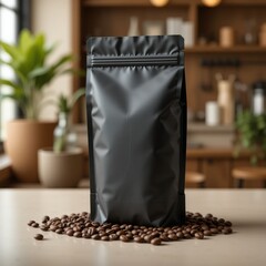 mockup of a matte black coffee pouch standing upright on a clean