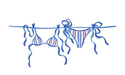 Striped blue bikini top and bottom with long ribbons hanging on clothesline. Hand-drawn vector illustration isolated on white background. Summer fashion and swimwear. Design for postcard, invitation