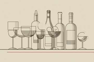 Abstract Wine Line Art Illustration. Abstract line art of wine bottles and glasses, ideal for modern decor and artistic designs.