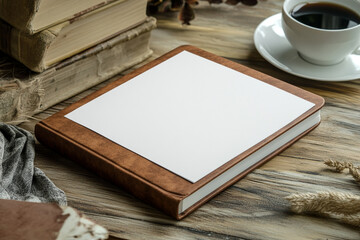 Fototapeta premium Brown leather book with blank white paper on wooden table next to old books and coffee