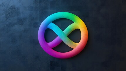 A rainbow colored infinity symbol on a dark blue background with a textured surface and soft lighting