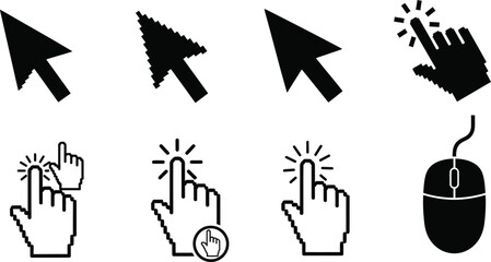 Pixelated vector set of hand cursor icons for web and computer mouse pointer communication