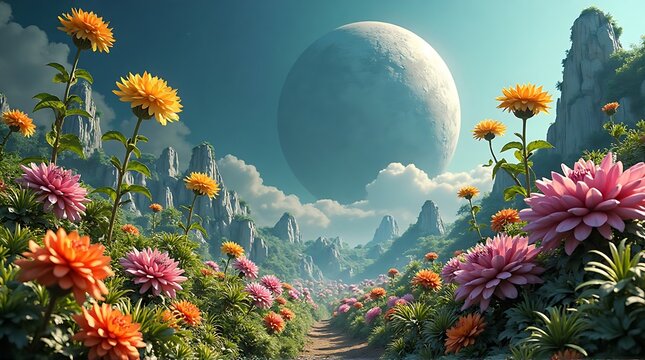 Fantasy landscape with vibrant flowers and a large moon