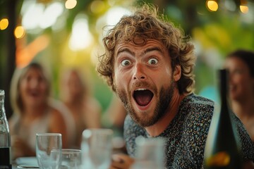 Handsome man making funny faces while sitting at a party table during a summer garden party with family and friends, adding humor and joy to the gathering, Generative AI