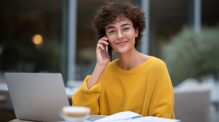 Hopeful woman on job offer call at café with laptop and notebook