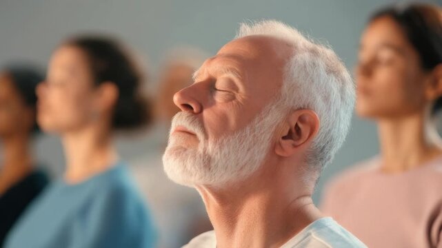 White haired senior man practicing mindfulness, breathing deeply with closed eyes during a meditation session, surrounded by diverse people in the background, finding peace and relaxation