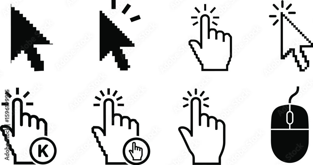 Fototapete Pixelated vector set of hand cursor icons for web and computer mouse pointer communication