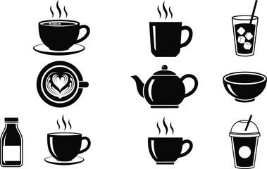 Set of vector coffee and tea cup icons with hot drink illustrations for cafe and breakfast beverage designs