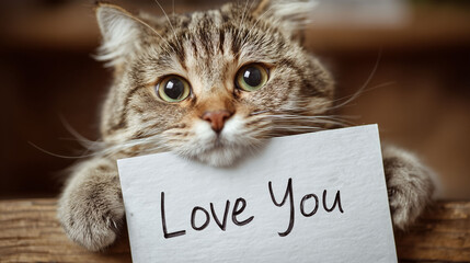 Cat  love you  expressing affection with adorable face in warm indoor setting showing cute emotional bonding and pet care message for romantic and heartfelt communication