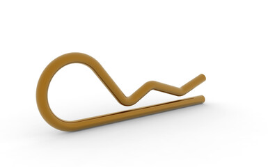 Polished golden cotter pin with elegant curves and unique zigzag pattern on white background. 3D rendered.