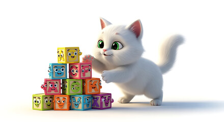 Playful Cartoon Cat Stacking Colorful Blocks - A Whimsical Illustration