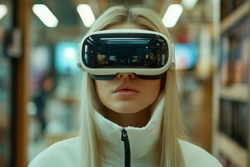 Metaverse digital cyber world technology, woman wearing virtual reality (VR) goggles playing augmented reality games, showcasing futuristic lifestyle trends, Generative AI