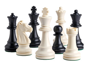 A collection of iconic black and white chess pieces arranged, representing a timeless game of intellect.