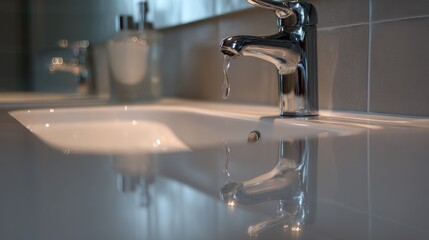 Modern bathroom sink with a shiny chrome faucet. the sink is rectangular in shape and has a white countertop.