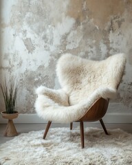Fluffy fur sheepskin lounge chair placed on a shaggy rug against a Venetian stucco wall with ample copy space. Minimalist home interior design for a modern living room, Generative AI