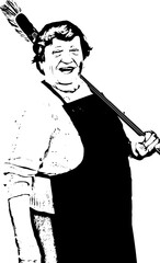 Laughing elderly carrying broom